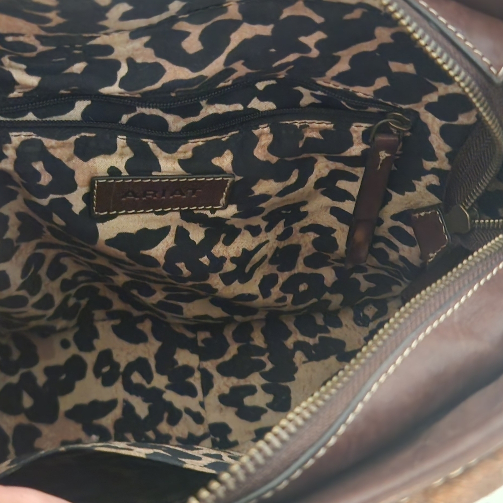 Ariat Brown Leather Duffel Bag with Leopard Lining